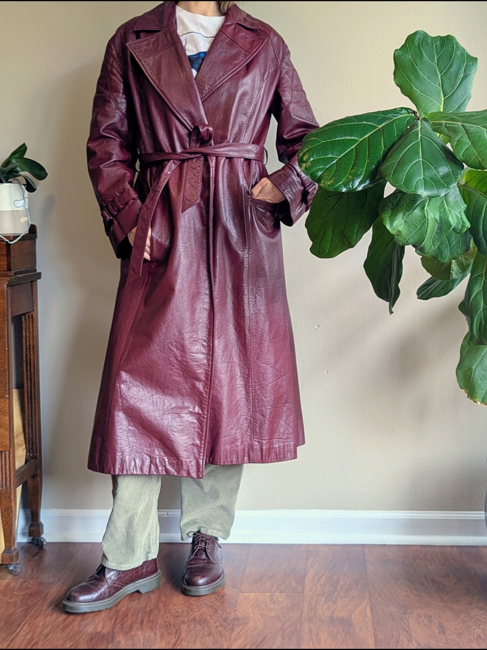 Vintage 1970s Burgundy Leather Trench